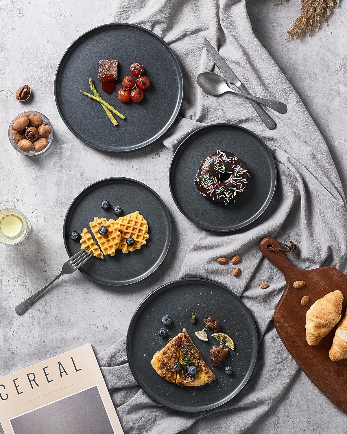 famiware Star Dinner Plates for 6, 10 inches Plate Set, Scratch Resistant, Stoneware Dinnerware, Kitchen Modern Rustic Serving Dishes, Matte Dark Charcoal (Full Glaze)